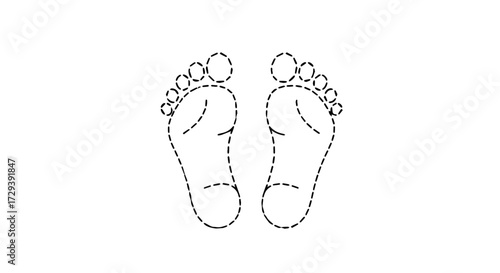 Minimalist dashed outline of a pair of human bare feet, ideal for health, wellness, or navigation applications and graphic design projects, symbolizing steps, progress, or anatomical reference