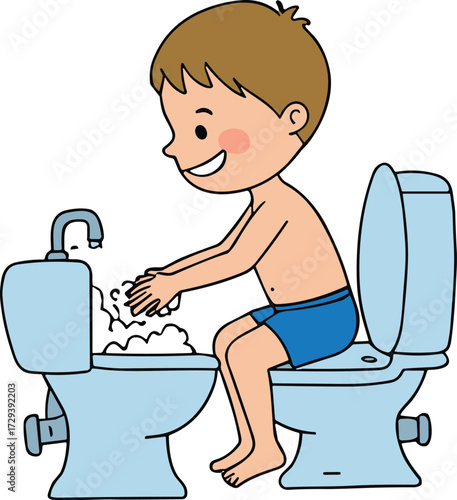 Cute boy washing hands with soap, bathroom hygiene illustration, healthy habits for kids, toilet and sink vector, cartoon child cleaning hands