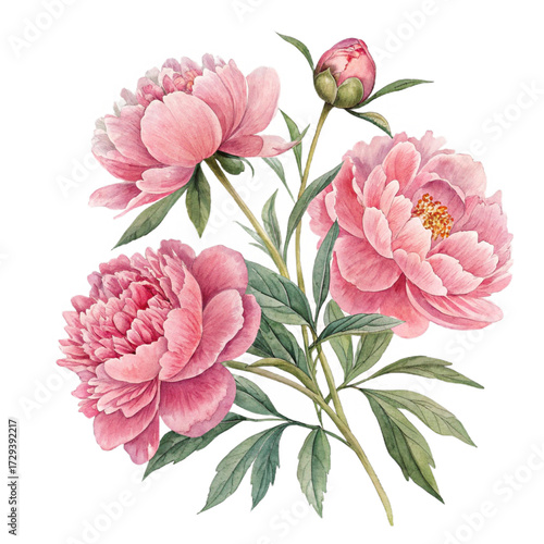Pink peonies with greenery watercolor illustration, isolated on black background