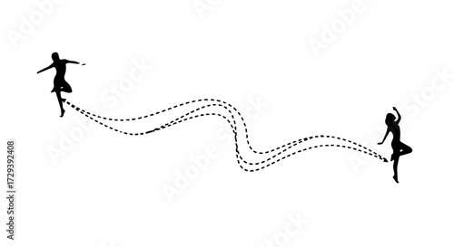 A minimalist graphic illustration of two dancers' silhouettes connected by a graceful, flowing dotted line
