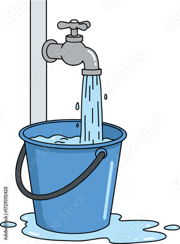 Vector illustration of water tap filling bucket, overflowing with water, cartoon plumbing concept, blue plastic bucket, clean water, indoor utility scene
