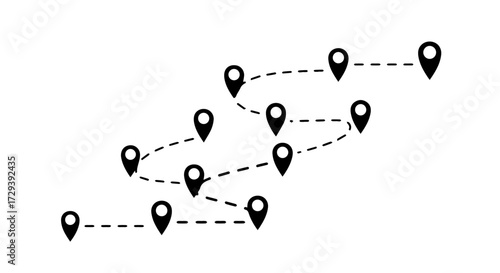 Illustration of a complex travel itinerary or logistics route with multiple waypoints marked by location pins on a winding path