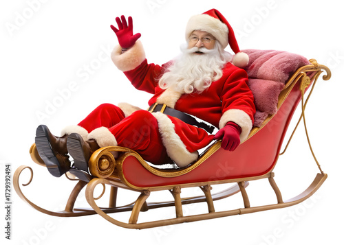 Santa Claus in a red sleigh with fluffy pink seat cushions waving hello Christmas isolated on a transparent background