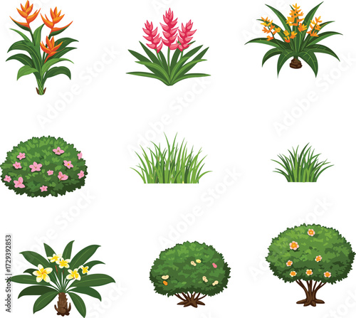 Plant and flower vector set, cartoon-style garden illustrations of tropical, flowering, and grassy species, editable nature icons for design and education