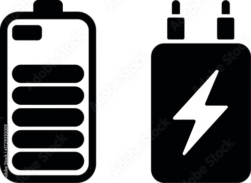 Simple icons of a nearly full battery and a power bank with a lightning bolt symbol.