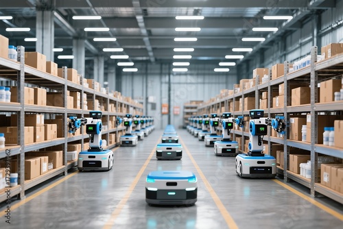 A fleet of innovative autonomous robots is efficiently managing the inventory within a spacious warehouse environment