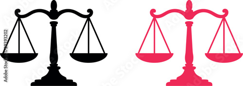 Symbolic scales of justice in black and pink, representing balance and fairness