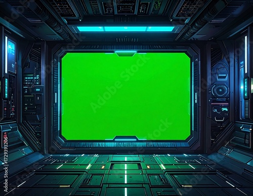 Futuristic spaceship cockpit with a large green screen for visual effects and sci-fi scenes