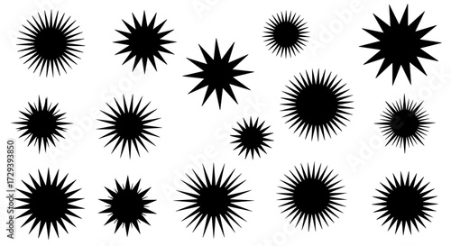 Collection of starburst and spiky sun symbols in silhouette against a white background