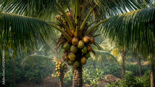 Coconut Cluster on Palm Tree in Tropical Farm