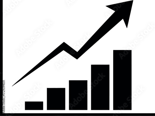 Black bar chart with upward trending arrow indicating growth and success
