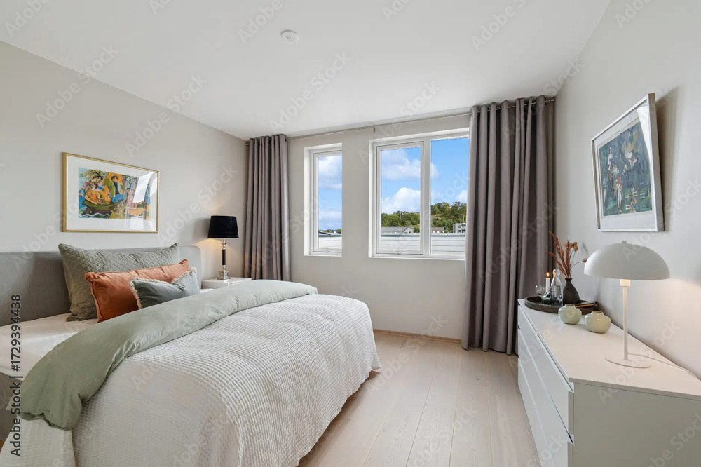 Fototapeta premium Modern luxury bedroom interior in minimal scandinavian style, 3d render 