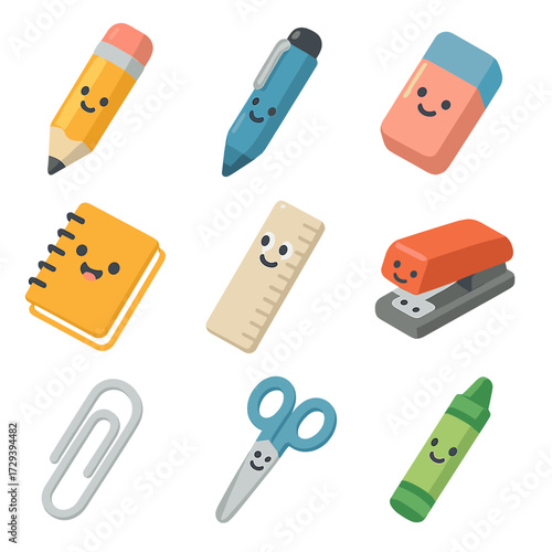 Icons stationery smiling happy ruler scissors playful crayon vector eraser clip icon