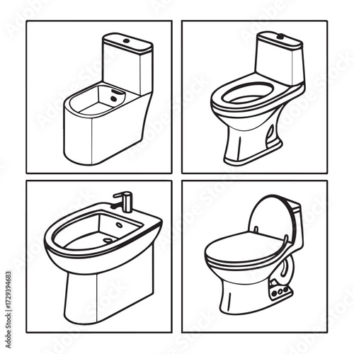 A collage of four different toilet and bidet designs, each rendered in a simple black and white line drawing style, isolated on white background, showcasing various shapes and styles