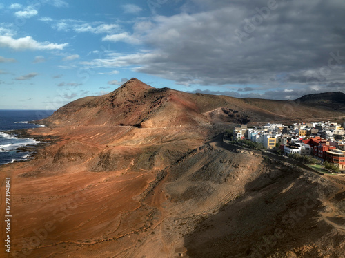 The arial view of residential. area placed on the top of volcanic hill in Las Palmas de Gran Canaria, Spain