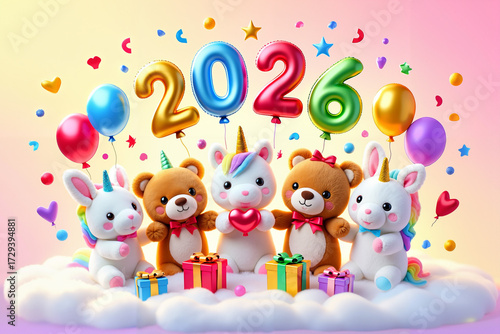 Cute stuffed unicorns and teddy bears joyfully celebrating 2026 new year with balloons and gifts on fluffy clouds against a pastel gradient background with copy space