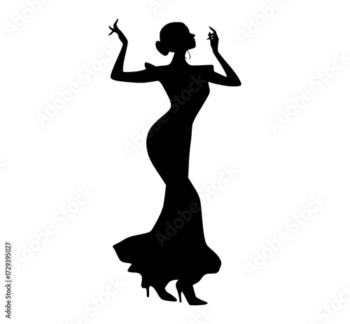 a silhouette of a woman in a flamenco dressbeautiful, black, dance, dress, evening dress, girl, hand, profile, woman 