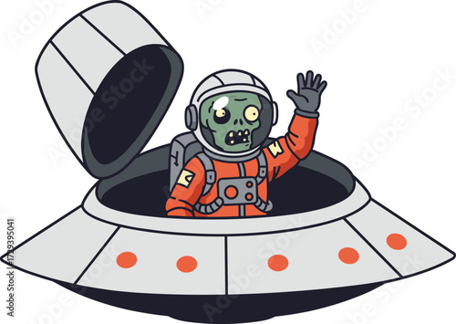 Cartoon alien in red astronaut suit emerging from flying saucer, sci-fi character for space and Halloween vectorCartoon alien in red astronaut suit emerging from flying saucer, sci-fi character 