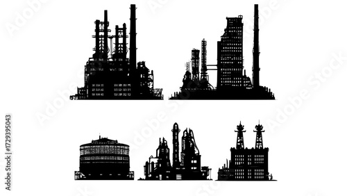 a set of four distinct silhouettes of industrial buildings, each with distinct architectural elementsblack, building, city, factory, illustration, image, industry, power station, profile, urban 