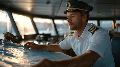 First mate carefully inspecting navigation charts and a sextant on the bridge coordinating with the captain and the lookout highlights teamwork technical seamanship route