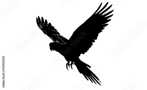 a black silhouette of a bird in flight, showcasing its wings spread widebird, black, crow, eagle, flight, fly, parrot, profile, raven, sky, spread, wing 