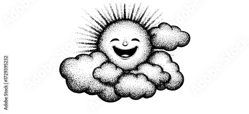 a whimsical black and white drawing of a smiling sun surrounded by fluffy cloudscloud, drawing, face, illustration, laugh, sky, smile, sun 