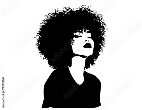 a stylized silhouette of a woman with curly hair, expressing a serene expressionafro, black, cosmetic, curl, face, hair, illustration, portrait, profile, woman 