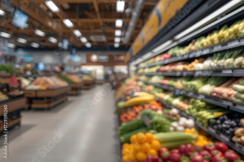 Out-of-focus View of a Fresh Food Section in a Contemporary Grocery Store Featuring Well-lit and Neatly Arranged Vegetables and Fruits