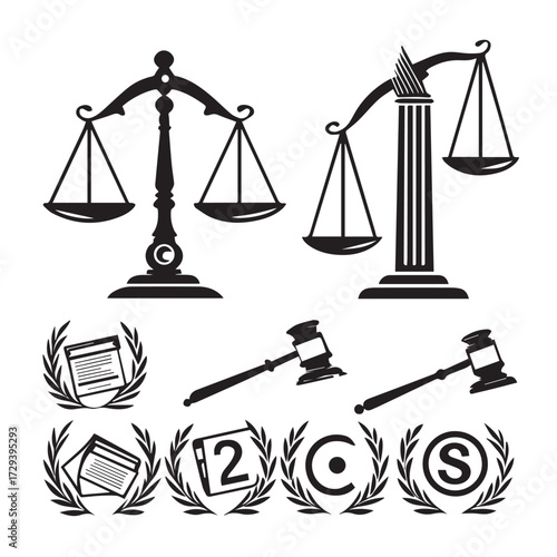 Legal justice symbols illustration isolated on white background, showcasing scales of justice, gavels, and document icons, perfect for law, legal, or judicial themed designs and presentations