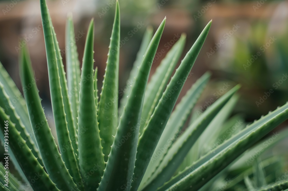 Fototapeta premium Detailed view of a vibrant aloe vera plant thriving in a backyard garden, suitable for herbal use