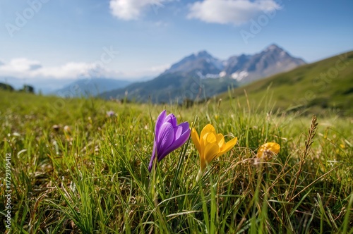 Wild crocuses blooming in a grassy meadow near mountain peaks
