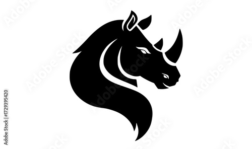a black and white silhouette of a rhino headanimal, black, brand, bull, head, illustration, image, logo, profile, rhinoceros, unicorn 