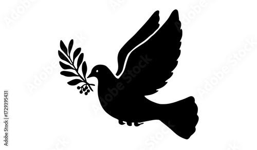 a black silhouette of a dove carrying an olive branchbeak, bird, black, branch, dive, fly, illustration, olive, peace, pigeon, profile, symbol, twig, white 
