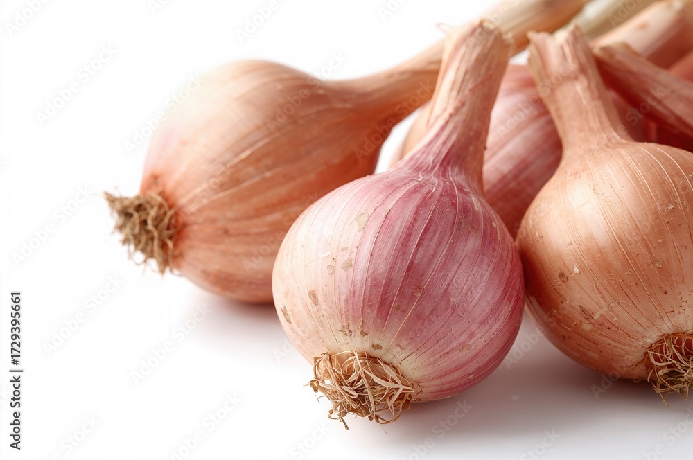 Fototapeta premium Detailed close-up of shallot bulbs on a white backdrop
