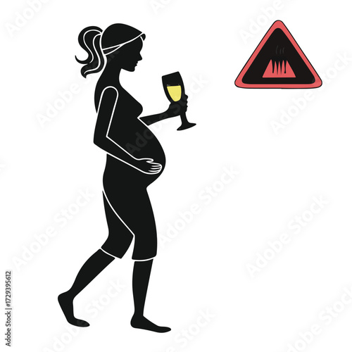 Silhouette of a pregnant woman holding a glass of wine next to a warning sign, isolated on white background, depicting the dangers of alcohol consumption during pregnancy and fetal health risks
