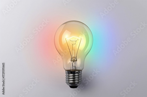 Innovative glowing light bulbs in vibrant rainbow hues on a plain backdrop. Embracing unique perspectives, exploring color dynamics. Imaginative concept.