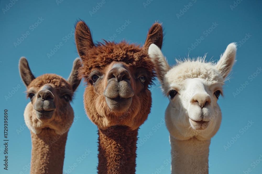 Obraz premium Close-up of adorable brown and cream Alpaca faces against a clear blue background, looking directly at the camera. Wide horizontal shot with high resolution.