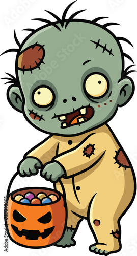 Cartoon baby zombie in yellow patched onesie holding Halloween candy bucket, cute spooky character for horror vector designCartoon baby zombie in yellow patched onesie holding Halloween candy bucket,