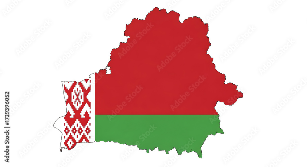 Obraz premium Belarus map outline with flag isolated on transparent background the national flag of belarus is horizontally striped in red and green, with a white and red ornamental pattern at the hoist end
