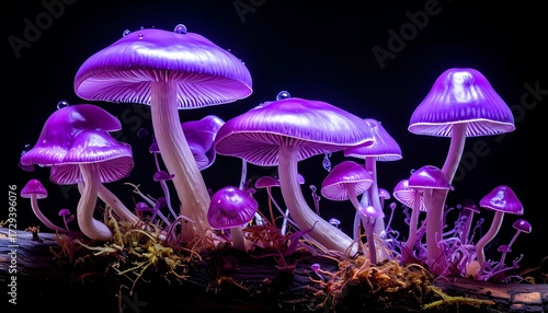 Fluorescent purple mushrooms on a log