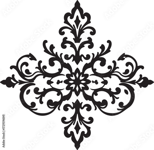 Abstract vector floral design elements featuring ornate black vintage flower and leaf silhouette scroll borders