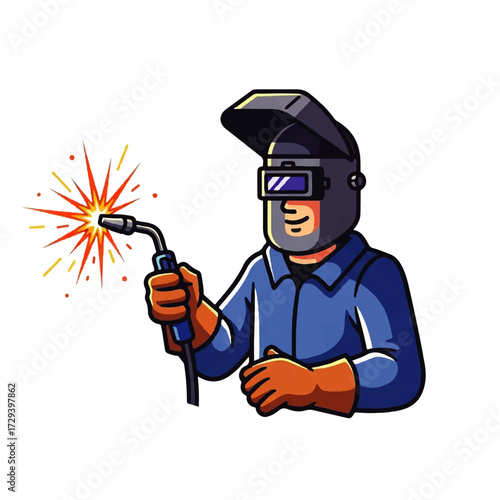 Cartoon illustration of a professional welder in a protective mask and uniform, holding a torch that emits bright sparks, representing skilled industrial labor
