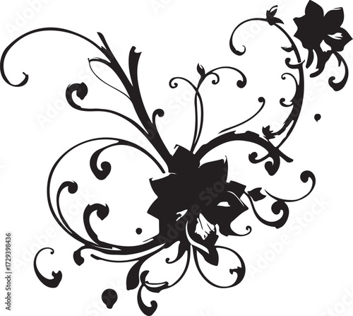 Abstract vector floral design elements featuring ornate black vintage flower and leaf silhouette scroll borders