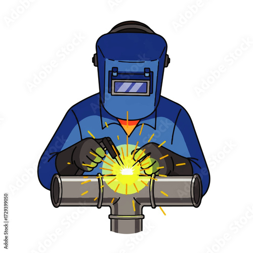 Welder at Work Skilled Craftsman Welding Metal Pipes with Safety Gear, Protecting Eyes with Welder's Mask