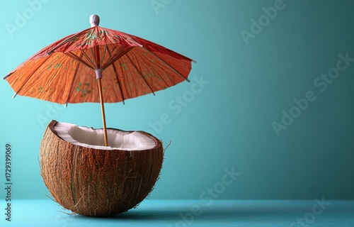 Wallpaper Mural Tropical coconut drink with decorative paper umbrella on teal surface Torontodigital.ca
