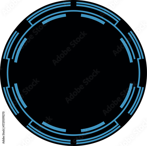 Futuristic circular digital interface with glowing blue accents on black background