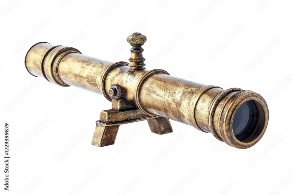 Fototapeta premium A vintage brass telescope rests on a wooden table, inviting stargazers and explorers to discover distant worlds and hidden vistas isolated on transparent background
