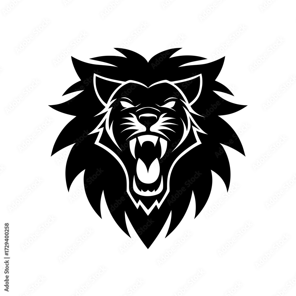 Obraz premium Lion head roaring black vector on transparent background silhouette