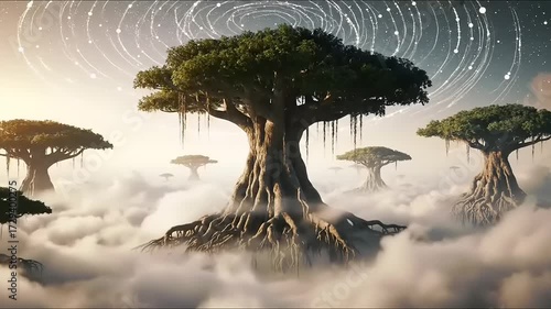 Fantasy trees above the clouds digital art of an alien environment