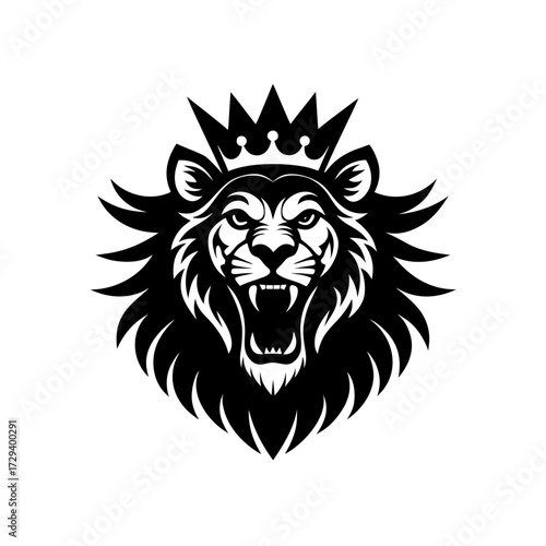 Lion with crown roaring loudly on transparent background silhouette